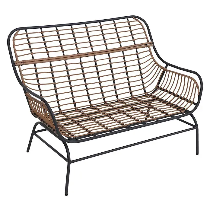 2er Gartensofa | Sofa Gartenbank Couch 2-Sitzer | Stoff 220g/m2 Poly-Rattan Metall | Dunkelgrau | Polster Hellgrau -  - Zweisitzer-Bank mit schwarzem Metallrahmen und braunem geflochtenem Rattan für Sitz und Rückenlehne.