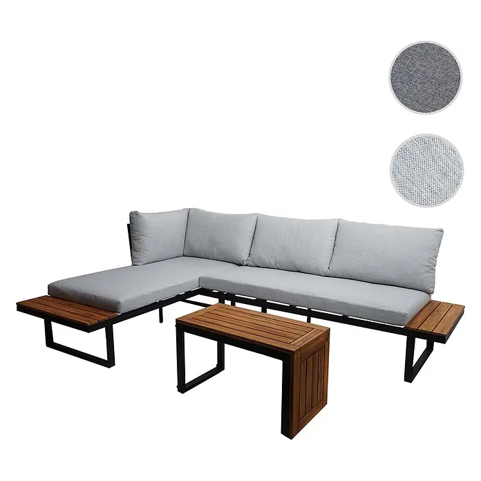 Mendler Loungemöbel-Set HWC-L27 - 3 -tlg., Holz, Hellgrau, Hellgrau - L-förmiges Outdoor-Sofa mit grauen Kissen, schwarzem Metallgestell, integrierten Holztischen und passendem Couchtisch.