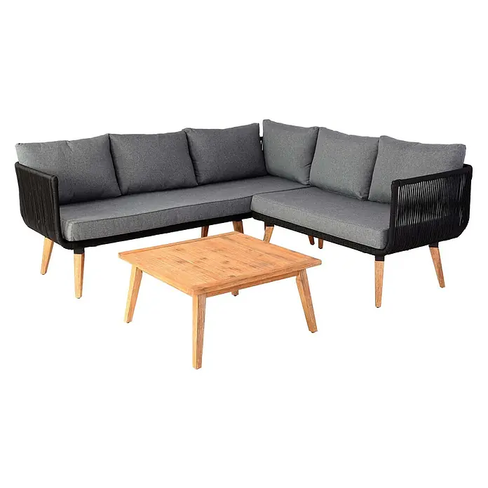 Mendler Loungemöbel-Set HWC-L30 - 3 -tlg., Holz, Polster dunkelgrau, Dunkelgrau - Sitzgruppe für den Außenbereich: Ecksofa mit schwarzem Seilgeflecht, grauen Kissen und hellen Holzbeinen, dazu ein passender Holztisch.