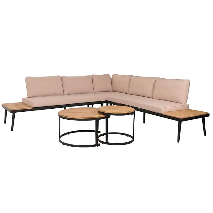 Garten-Garnitur Lounge-Set | Beistelltisch Spun Poly Akazie Holz Stahl | Hellbraun | Kissen Beige -  - Garten-Ecksofa mit beigen Kissen, schwarzem Metallrahmen, integrierten Holz-Beistelltischen und zwei runden Beistelltischen.