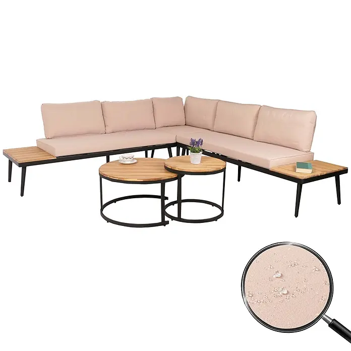 Garten-Garnitur Lounge-Set | Beistelltisch Spun Poly Akazie Holz Stahl | Hellbraun | Kissen Beige -  - Ecksofa-Garnitur für die Terrasse mit beigen Polstern, schwarzem Gestell und Holzakzenten. Mit zwei runden Couchtischen und wasserabweisendem Stoff.