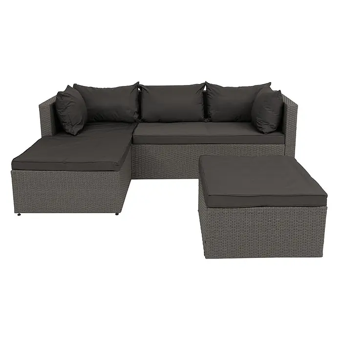 Poly-Rattan Garnitur | Balkon-/Garten-/Lounge-Set Sofa Sitzgruppe | Grau | Polster Dunkelgrau -  - Graues Polyrattan-Ecksofa-Set für den Außenbereich mit dunklen Kissen und passendem Hocker.