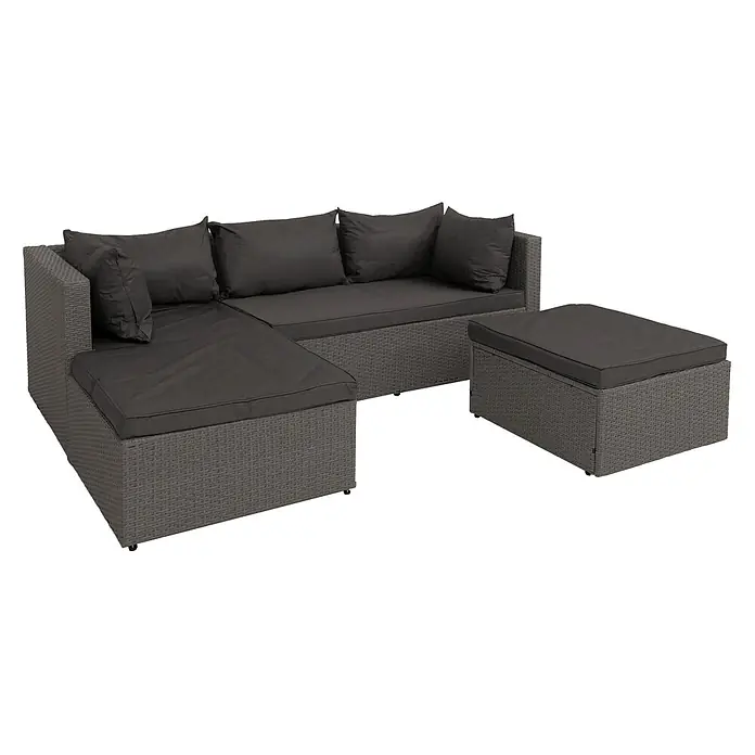 Poly-Rattan Garnitur | Balkon-/Garten-/Lounge-Set Sofa Sitzgruppe | Grau | Polster Dunkelgrau -  - Dunkelgraue L-förmige Outdoor-Lounge-Sitzgruppe aus geflochtenem Rattan mit passenden Kissen und einem Hocker.