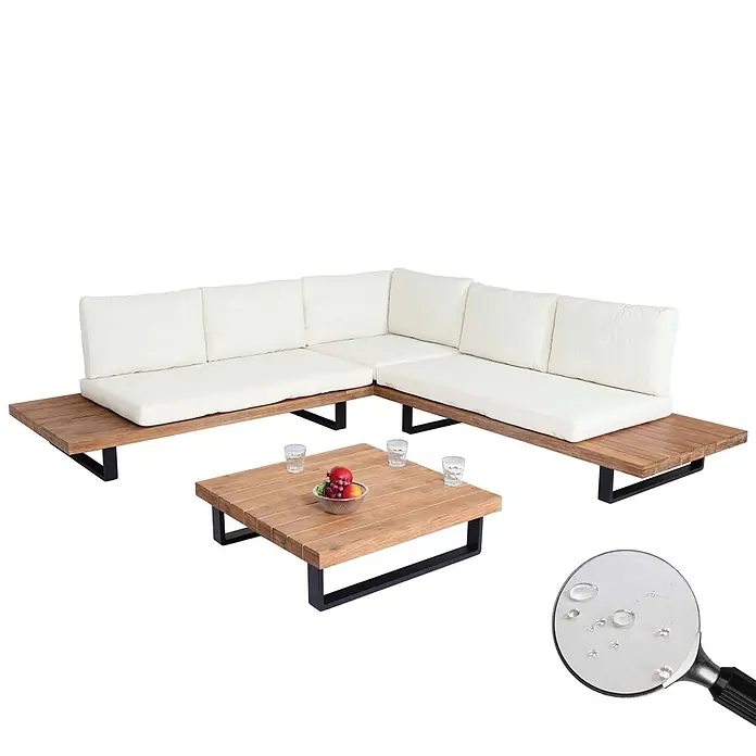 Garten-Garnitur | Garnitur Sitzgruppe Lounge-Set | Spun Poly Akazie Holz FSC® Alu | Hellbraun | Polster Cremeweiß -  - L-förmiges Outdoor-Lounge-Set aus Holz mit weißen Kissen und Couchtisch. Kissen sind wasserabweisend.