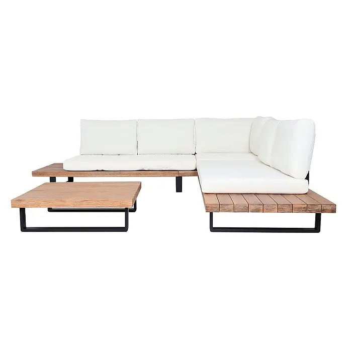 Garten-Garnitur | Garnitur Sitzgruppe Lounge-Set | Spun Poly Akazie Holz FSC® Alu | Hellbraun | Polster Cremeweiß -  - Modulares Outdoor-Ecksofa mit weißen Kissen und passendem Holztisch auf schwarzen Metallbeinen.