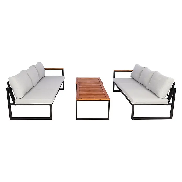 Garten-Garnitur | Gartenlounge Lounge-Set Sitzgruppe Sofa | Metall Akazie Holz MVG-zertifiziert | Hellgrau -  - Dreiteilige Outdoor-Sitzgruppe: zwei hellgraue Sofas mit schwarzen Metallgestellen und Holzarmlehnen, sowie ein Couchtisch mit Holzlatten.