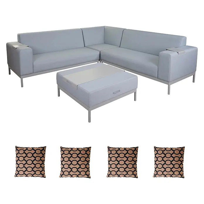 Mendler Loungemöbel-Set HWC-C47 - 4 -tlg., Textil, Blau mit Ablage, Kissen braun, Blau - Hellgraues Outdoor-Ecksofa in L-Form mit passendem Ottoman und vier braun-schwarz gemusterten Kissen.