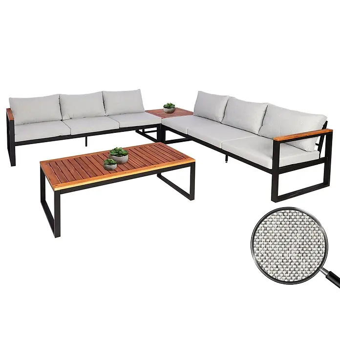 Garten-Garnitur | Gartenlounge Lounge-Set Sitzgruppe Sofa | Metall Akazie Holz MVG-zertifiziert | Hellgrau -  - Outdoor-Ecksofa-Set mit schwarzen Metallrahmen, hellgrauen Kissen und Holztischen. Stofftextur-Zoom gezeigt.