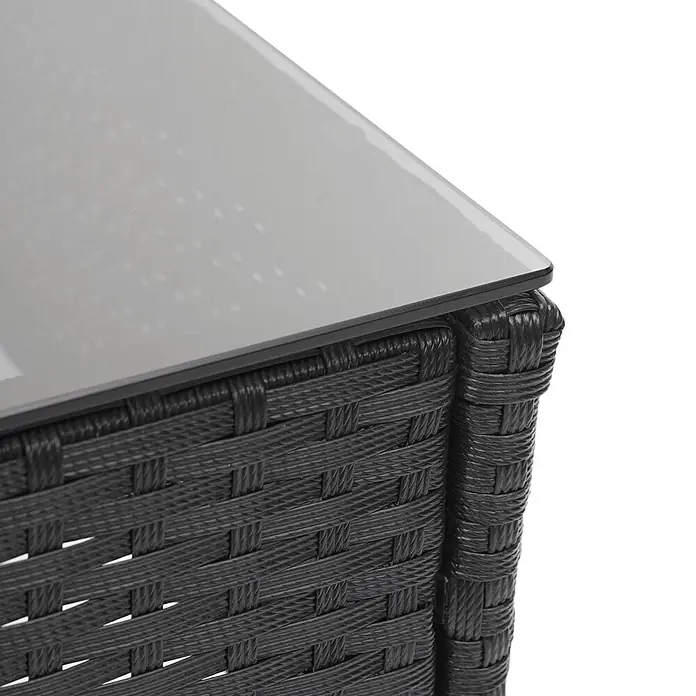 Poly-Rattan Garnitur | Balkon-/Garten-/Lounge-Set Sofa Sitzgruppe | Schwarz | Kissen Dunkelgrau -  - Schwarze geflochtene Rattantischecke mit klarer Glasplatte.