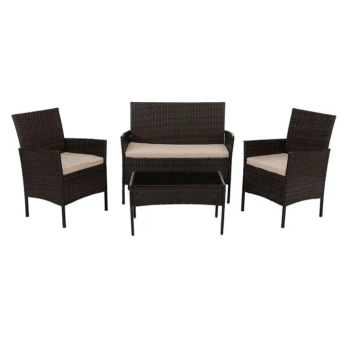 Poly-Rattan Garten-Garnitur | Sitzgruppe Lounge-Set | Metall Glas Stoff/Textil - 180g/m2 - Dunkelbraunes Rattan 4-teiliges Gartenmöbelset mit beigen Kissen und einem Couchtisch mit Glasplatte.