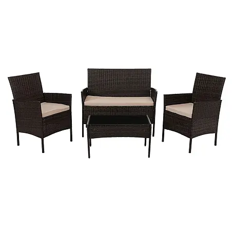 Poly-Rattan Garten-Garnitur | Sitzgruppe Lounge-Set | Metall Glas Stoff/Textil (180g/m2) | Braun | Kissen Creme