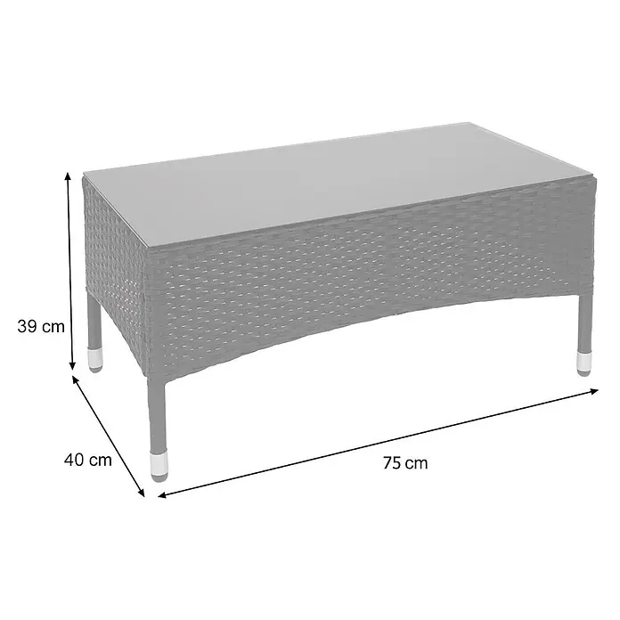 Poly-Rattan Garnitur | Balkon-/Garten-/Lounge-Set Sofa Sitzgruppe | Schwarz | Kissen Dunkelgrau -  - Grauer Outdoor-Couchtisch aus Polyrattangeflecht mit Glasplatte. Maße: 75x40x39 cm.