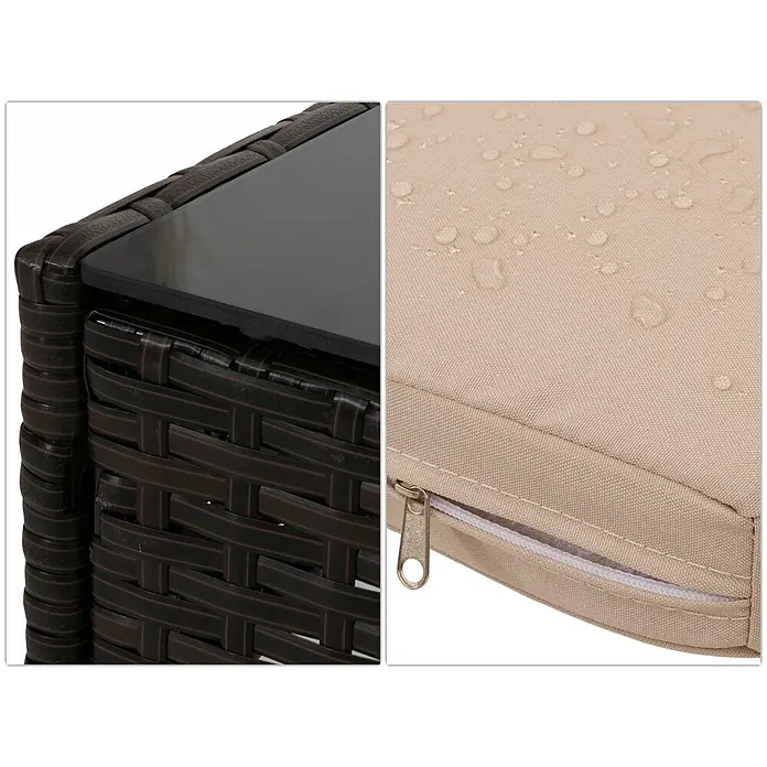 Poly-Rattan Garten-Garnitur | Sitzgruppe Lounge-Set | Metall Glas Stoff/Textil - 180g/m2 - Nahaufnahme von dunkelbraunen Rattanmöbeln mit schwarzer Glasplatte und beigem, wasserabweisendem Kissen mit Reißverschluss.