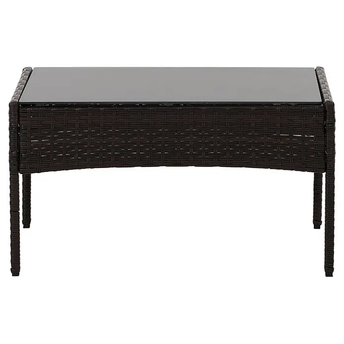 Poly-Rattan Garten-Garnitur | Sitzgruppe Lounge-Set | Metall Glas Stoff/Textil - 180g/m2 - Dunkelbrauner Outdoor-Couchtisch aus Polyrattan mit rechteckiger, dunkler Glasplatte.