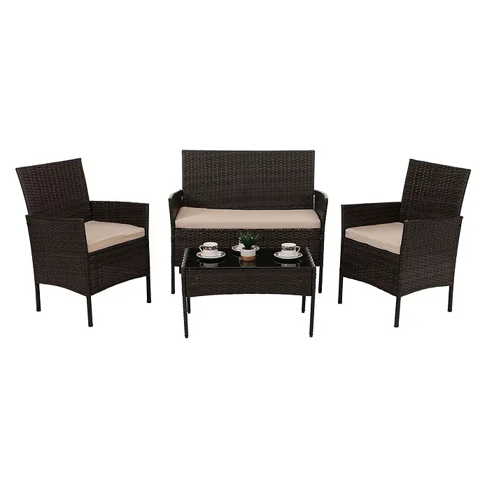 Poly-Rattan Garten-Garnitur | Sitzgruppe Lounge-Set | Metall Glas Stoff/Textil - 180g/m2 - Dunkelbraunes 4-teiliges Rattan-Gartenmöbelset mit beigefarbenen Kissen: 2 Sessel, 1 Bank, 1 Couchtisch mit Glasplatte.