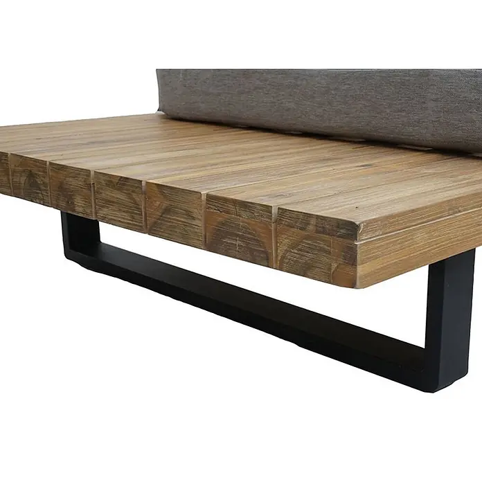 Garten-Garnitur | Garnitur Sitzgruppe Lounge-Set | Spun Poly Akazie Holz FSC® Alu | Hellbraun | Polster Hellgrau -  - Nahaufnahme einer Holzlattenbank mit schwarzem Metallrahmen und grauem Kissen.