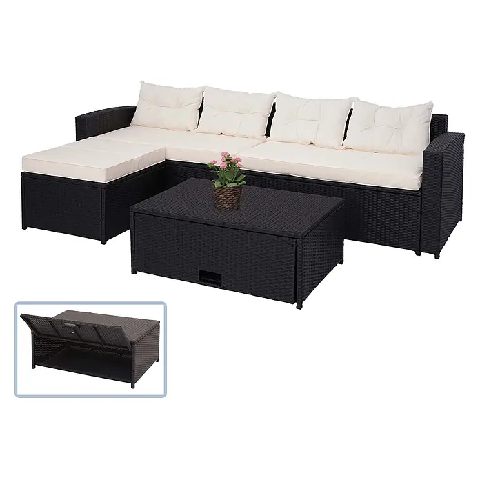 Mendler Loungemöbel-Set HWC-J34 - 4 -tlg., Polyrattan, Schwarz, Kissen creme-beige, Schwarz - Schwarzes Rattan-Gartensofa mit hellbeigen Kissen und passendem schwarzen Rattan-Stauraumtisch.