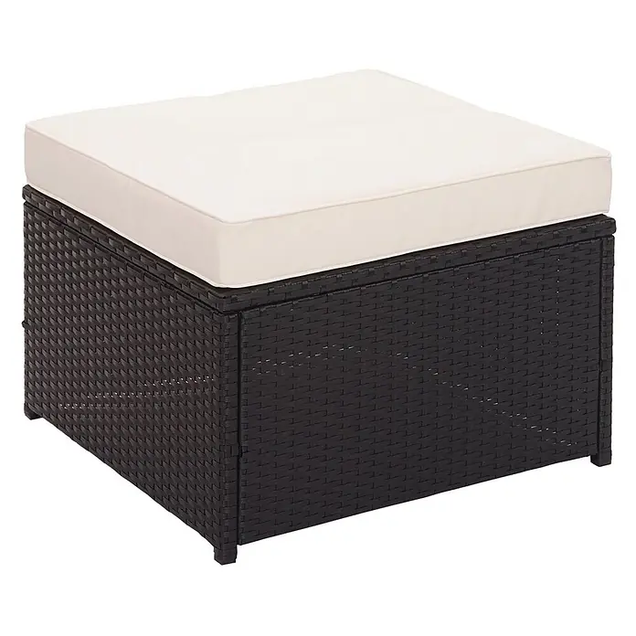 Poly-Rattan-Garnitur | Balkon-/Garten-/Lounge-Set Sitzgruppe Sofa | Staufach | Schwarz | Kissen Creme-Beige -  - Dunkelbrauner geflochtener Outdoor-Ottomane mit hellbeigem Kissen.
