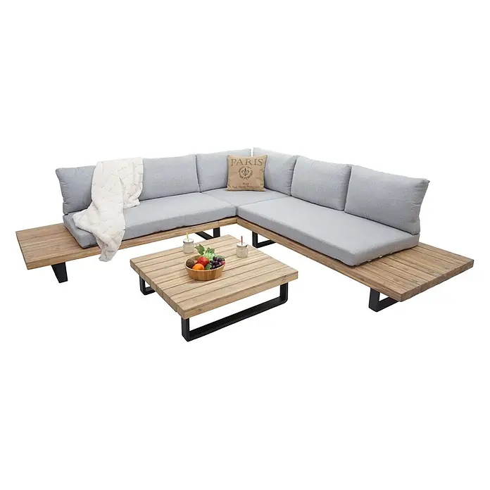 Garten-Garnitur | Garnitur Sitzgruppe Lounge-Set | Spun Poly Akazie Holz FSC® Alu | Hellbraun | Polster Hellgrau -  - L-förmiges Outdoor-Sofa und Couchtisch aus hellem Holz mit grauen Kissen und schwarzen Metallbeinen.