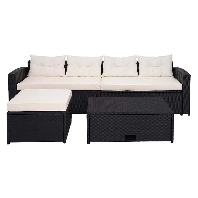 Mendler Loungemöbel-Set HWC-J34 - 4 -tlg., Polyrattan, Schwarz, Kissen creme-beige, Schwarz - Schwarze Rattan-Gartenmöbelgruppe mit cremefarbenen Kissen, bestehend aus einem Ecksofa, Ottoman und Couchtisch.