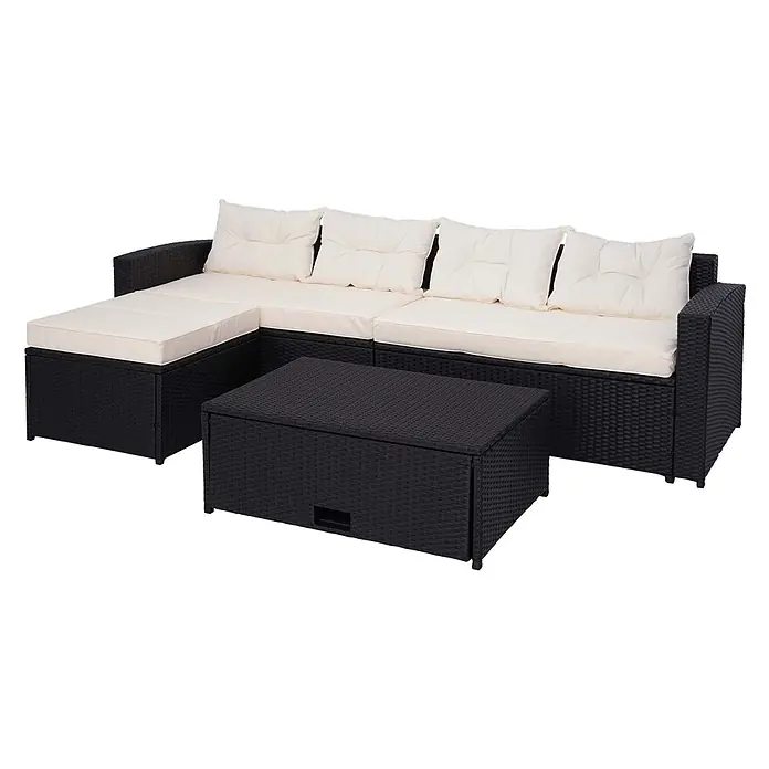 Poly-Rattan-Garnitur | Balkon-/Garten-/Lounge-Set Sitzgruppe Sofa | Staufach | Schwarz | Kissen Creme-Beige -  - Schwarzes Rattan-Gartensofa mit cremefarbenen Kissen und passendem Couchtisch.