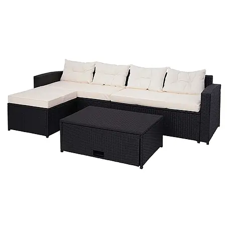 Poly-Rattan-Garnitur | Balkon-/Garten-/Lounge-Set Sitzgruppe Sofa | Staufach | Schwarz | Kissen Creme-Beige