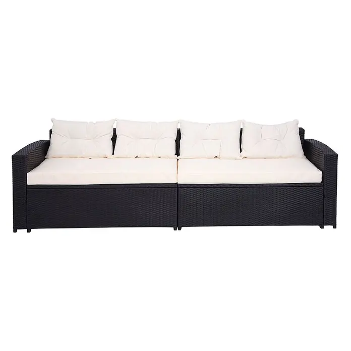 Poly-Rattan-Garnitur | Balkon-/Garten-/Lounge-Set Sitzgruppe Sofa | Staufach | Schwarz | Kissen Creme-Beige -  - Dunkles Rattan-Sofa für den Außenbereich mit cremefarbenen Kissen.