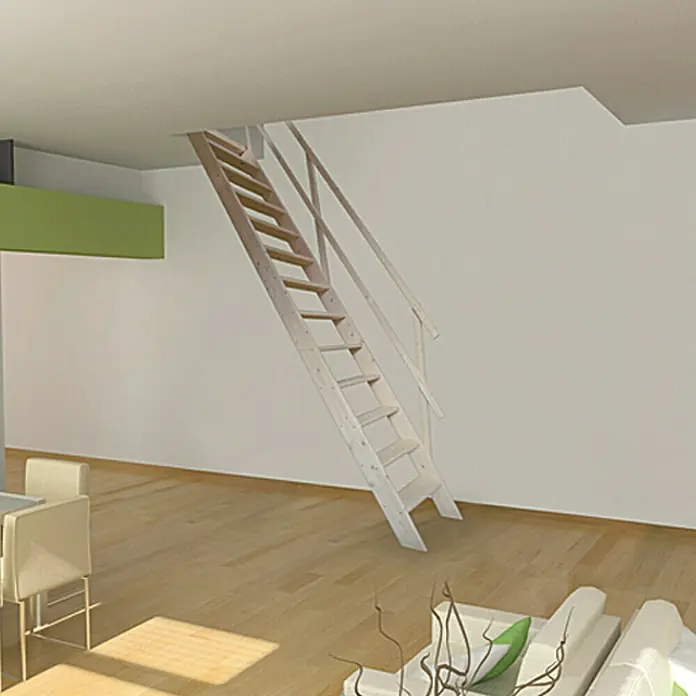 Solid Elements Wangentreppe - Geschosshöhe: 272 cm, Fichte/Tanne - Bild einer hellen Holztreppe mit Geländer, die zu einer Öffnung in der Decke führt. Ideal für Dachböden oder Galerien.