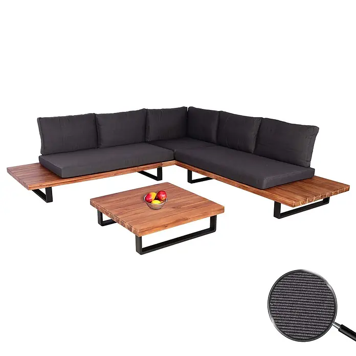 Garten-Garnitur | Garnitur Sitzgruppe Lounge-Set | Spun Poly Akazie Holz FSC® Alu | Braun | Polster Dunkelgrau -  - Outdoor-Ecksofa-Set mit dunkelgrauen Kissen, braunem Holzrahmen und schwarzen Metallbeinen, plus passendem Couchtisch.