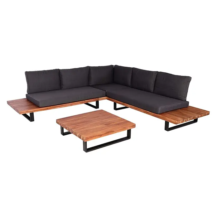 Garten-Garnitur | Garnitur Sitzgruppe Lounge-Set | Spun Poly Akazie Holz FSC® Alu | Braun | Polster Dunkelgrau -  - Eck-Gartensofa-Set mit dunkelgrauen Kissen, Holzlattenrost und schwarzem Metallgestell, inklusive passendem Couchtisch.