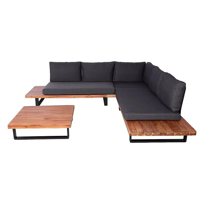 Garten-Garnitur | Garnitur Sitzgruppe Lounge-Set | Spun Poly Akazie Holz FSC® Alu | Braun | Polster Dunkelgrau -  - L-förmiges Outdoor-Lounge-Set mit dunkelgrauen Kissen auf einem Holzlattenrahmen und passendem Couchtisch, getragen von schwarzen Metallbeinen.