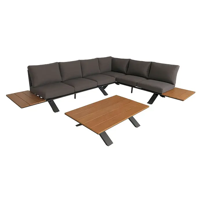 Aluminium Garten-Garnitur | Sitzgruppe Garten-/Lounge-Set Sofa | Holzoptik | Gestell Anthrazit | Polster Dunkelgrau -  - Dunkelgraues Outdoor-Ecksofa mit schwarzem Gestell, integrierten hellbraunen Beistelltischen und passendem Couchtisch.