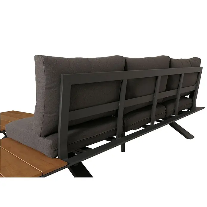 Aluminium Garten-Garnitur | Sitzgruppe Garten-/Lounge-Set Sofa | Holzoptik | Gestell Anthrazit | Polster Dunkelgrau -  - Dunkelgrau gepolstertes Outdoor-Sofa mit dunklem Metallrahmen und integrierten Holznebentischen.