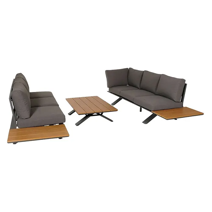 Aluminium Garten-Garnitur | Sitzgruppe Garten-/Lounge-Set Sofa | Holzoptik | Gestell Anthrazit | Polster Dunkelgrau -  - Outdoor-Lounge-Set mit dunkelgrauen Kissen, Holztischplatten und dunklen Metallrahmen. Enthält zwei modulare Sofas und einen Couchtisch.
