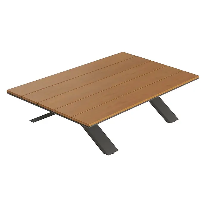 Aluminium Garten-Garnitur | Sitzgruppe Garten-/Lounge-Set Sofa | Holzoptik | Gestell Anthrazit | Polster Dunkelgrau -  - Rechteckiger Tisch mit brauner Lattenplatte und dunkelgrauen X-förmigen Metallbeinen.