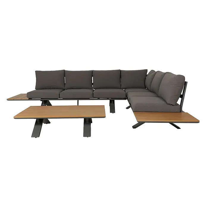 Aluminium Garten-Garnitur | Sitzgruppe Garten-/Lounge-Set Sofa | Holzoptik | Gestell Anthrazit | Polster Dunkelgrau -  - L-förmiges Outdoor-Sofa-Set mit dunkelgrauen Kissen, integrierten Holztischplatten und passendem Couchtisch auf Metallgestell.