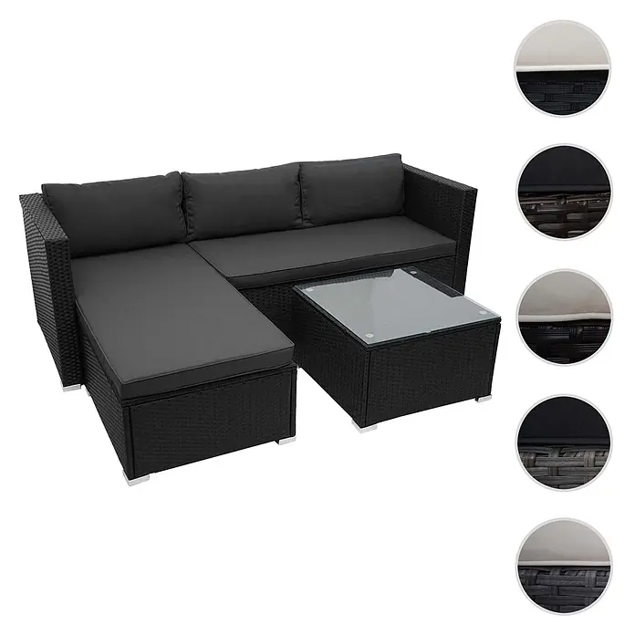 Mendler Loungemöbel-Set HWC-F57 - 3 -tlg., Polyrattan, Schwarz, Kissen dunkelgrau ohne Deko-Kissen, Schwarz, dunkelgrau - Schwarzes Rattan-Ecksofa-Set für den Außenbereich mit grauen Kissen und passendem Couchtisch.
