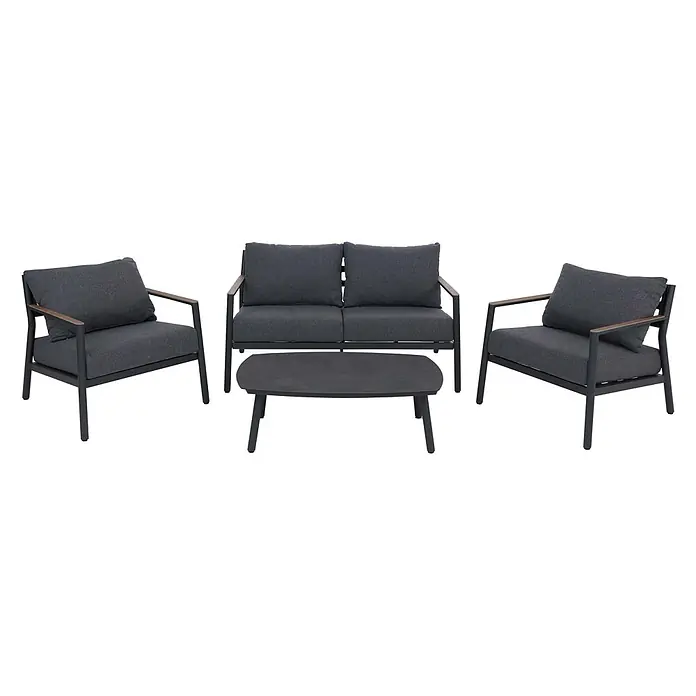 Aluminium Gartengarnitur | Lounge-Set Sitzgruppe Sofa Gartenlounge | Stoff/Textil Olefin 210g/m2 | Dunkelgrau -  - Dunkelgraues Outdoor-Loungeset mit zwei Sesseln, einem Zweisitzer-Sofa und einem Couchtisch, mit Metallgestellen und Holzarmlehnen.