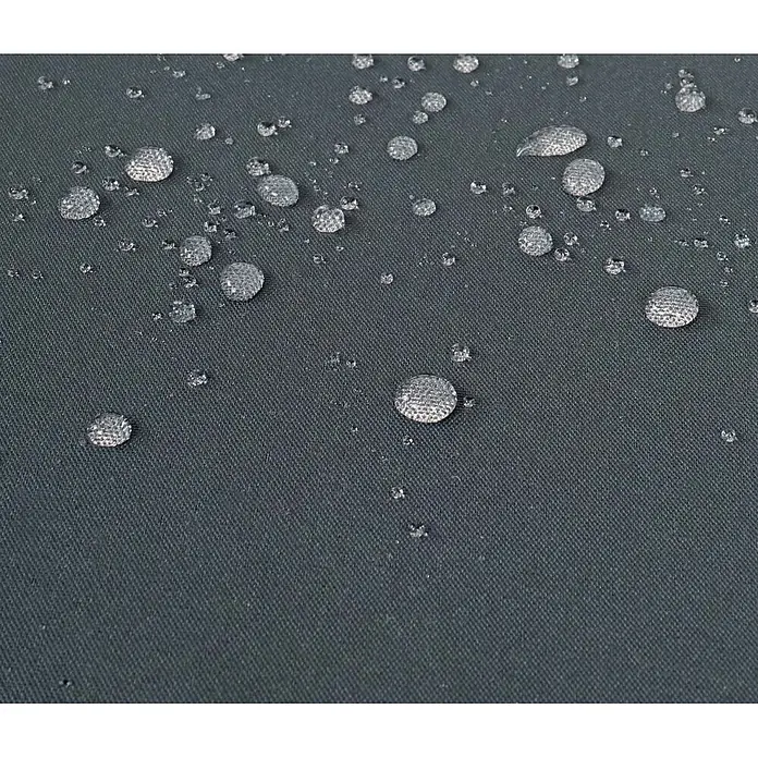 Mendler Loungemöbel-Set HWC-F57 - 3 -tlg., Polyrattan, Schwarz, Kissen dunkelgrau ohne Deko-Kissen, Schwarz, dunkelgrau - Dunkelgraues wasserabweisendes Gewebe mit sichtbarer Textur, bedeckt mit kugelförmigen Wassertropfen.