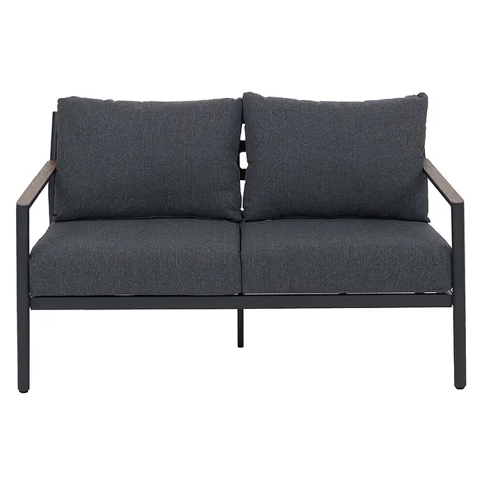 Mendler Loungemöbel-Set HWC-P79 - 4 -tlg., Metall, Dunkelgrau, Dunkelgrau - Zweisitzer-Outdoor-Sofa mit dunkelgrauen Stoffkissen und Metallrahmen, mit hölzernen Armlehnen-Akzenten.