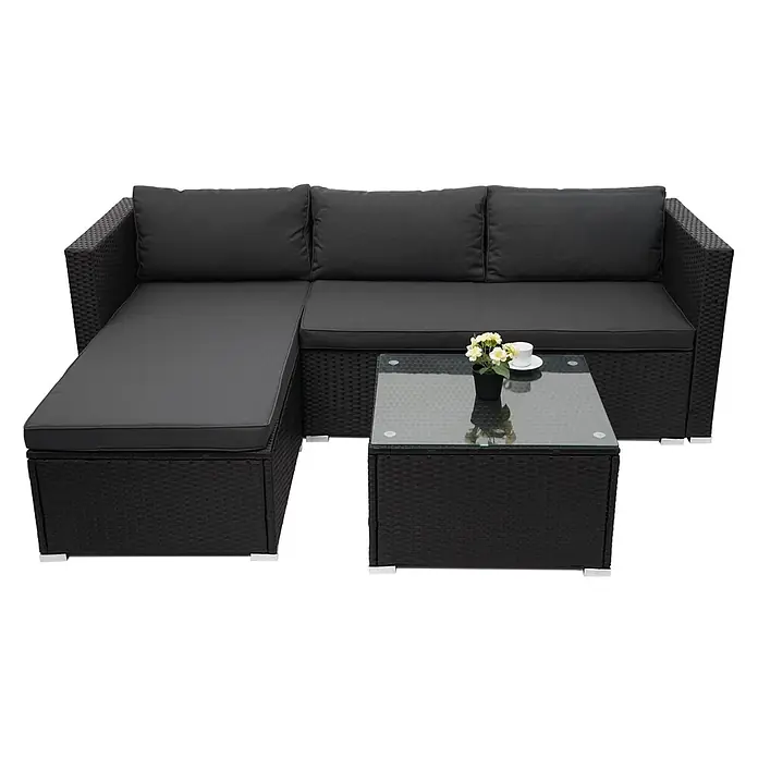Poly-Rattan Garnitur | Balkon-/Garten-/Lounge-Set Sofa Sitzgruppe | Schwarz | Kissen Dunkelgrau ohne Dekokissen -  - Schwarzes Rattan-Loungesofa mit dunklen Kissen und passendem Couchtisch mit Glasplatte.