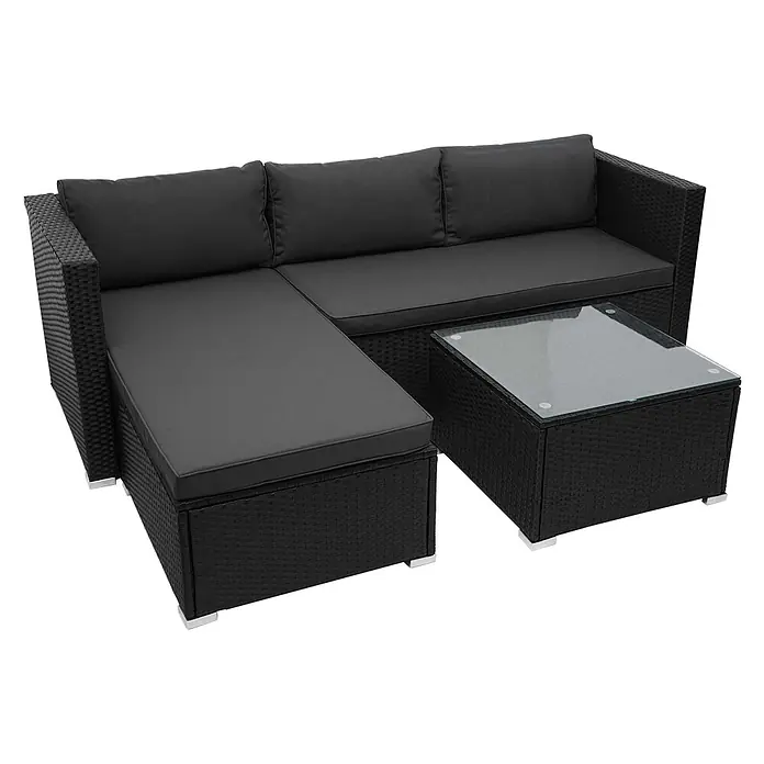 Mendler Loungemöbel-Set HWC-F57 - 3 -tlg., Polyrattan, Schwarz, Kissen dunkelgrau ohne Deko-Kissen, Schwarz, dunkelgrau - Schwarze Rattan-Ecksofa-Garnitur mit dunkelgrauen Auflagen und Glas-Couchtisch für den Außenbereich.