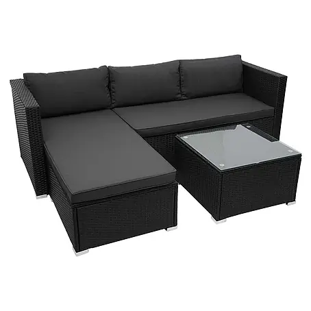 Poly-Rattan Garnitur | Balkon-/Garten-/Lounge-Set Sofa Sitzgruppe | Schwarz | Kissen Dunkelgrau ohne Dekokissen