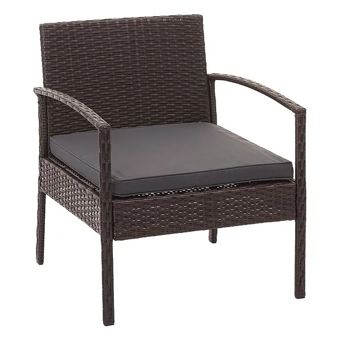 Poly-Rattan Garnitur | Balkon-/Garten-/Lounge-Set Sitzgruppe | Braun | Kissen Dunkelgrau -  - Dunkelbrauner Rattan-Sessel mit dunkelgrauem Kissen.