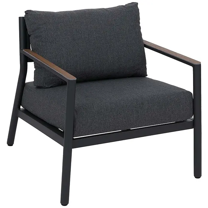 Mendler Loungemöbel-Set HWC-P79 - 4 -tlg., Metall, Dunkelgrau, Dunkelgrau - Dunkelgrauer Outdoor-Sessel mit Metallgestell und Holzarmlehnen.