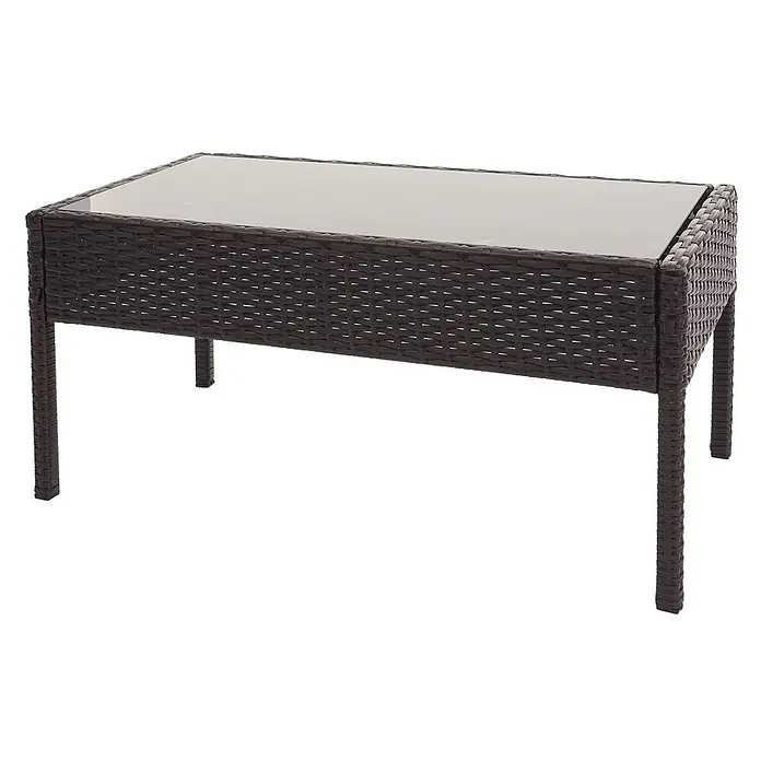 Poly-Rattan Garnitur | Balkon-/Garten-/Lounge-Set Sitzgruppe | Braun | Kissen Dunkelgrau -  - Dunkelbrauner rechteckiger Outdoor-Couchtisch mit Rattan-Geflecht und Glasplatte.