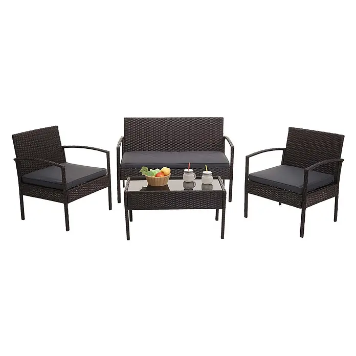 Poly-Rattan Garnitur | Balkon-/Garten-/Lounge-Set Sitzgruppe | Braun | Kissen Dunkelgrau -  - Dunkelbraunes Rattan 4-teiliges Outdoor-Set mit dunkelgrauen Kissen und Glastisch.