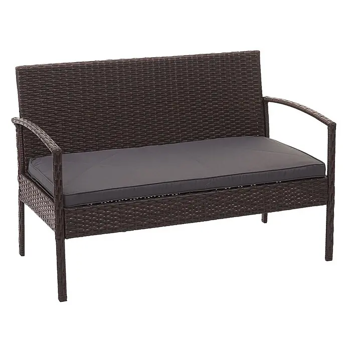 Poly-Rattan Garnitur | Balkon-/Garten-/Lounge-Set Sitzgruppe | Braun | Kissen Dunkelgrau -  - Braune Rattan-Gartenbank mit grauem Kissen.