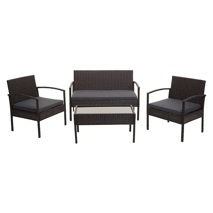 Poly-Rattan Garnitur | Balkon-/Garten-/Lounge-Set Sitzgruppe | Braun | Kissen Dunkelgrau -  - 4-teiliges braunes Rattan-Gartenmöbelset mit zwei Sesseln, einem Zweisitzer-Sofa und einem Couchtisch mit Glasplatte und dunkelgrauen Kissen.