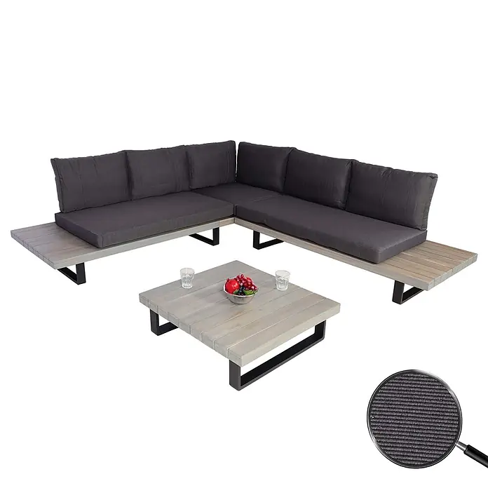 Garten-Garnitur | Garnitur Sitzgruppe Lounge-Set | Spun Poly Akazie Holz FSC® Alu | Grau | Polster Dunkelgrau -  - L-förmige Outdoor-Loungegruppe aus hellgrauen Holzlatten mit dunkelgrauen Kissen und passendem quadratischem Couchtisch. Eine Lupe zeigt die gewebte Kissenstruktur.